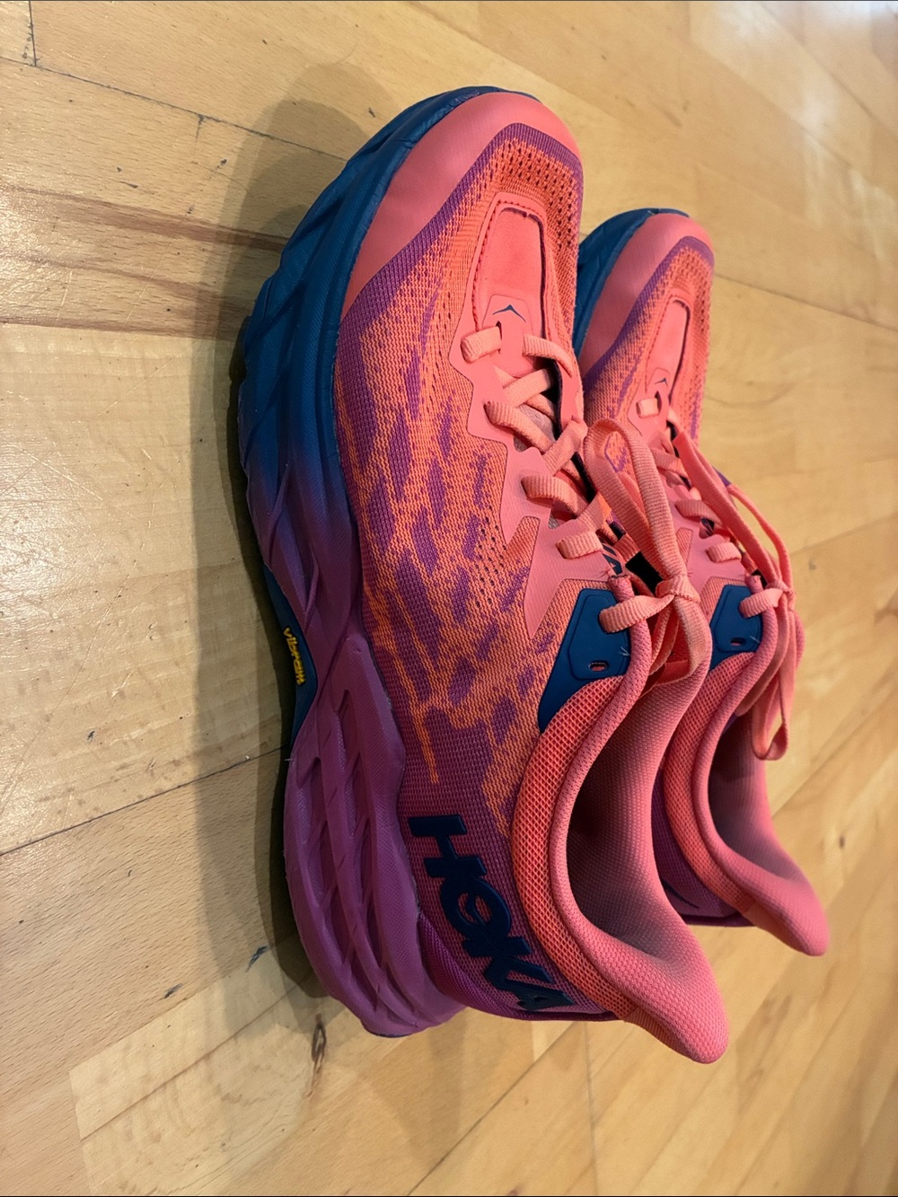 Hoka Coral Pink and Navy Women's Speedgoat Running Shoes - Picture 3 of 5